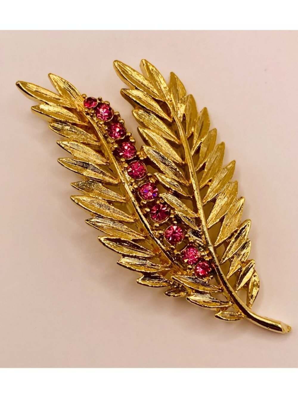 Vintage Gerry's Gold-Tone Double Leaf Brooch Pink Rhinestones -14B